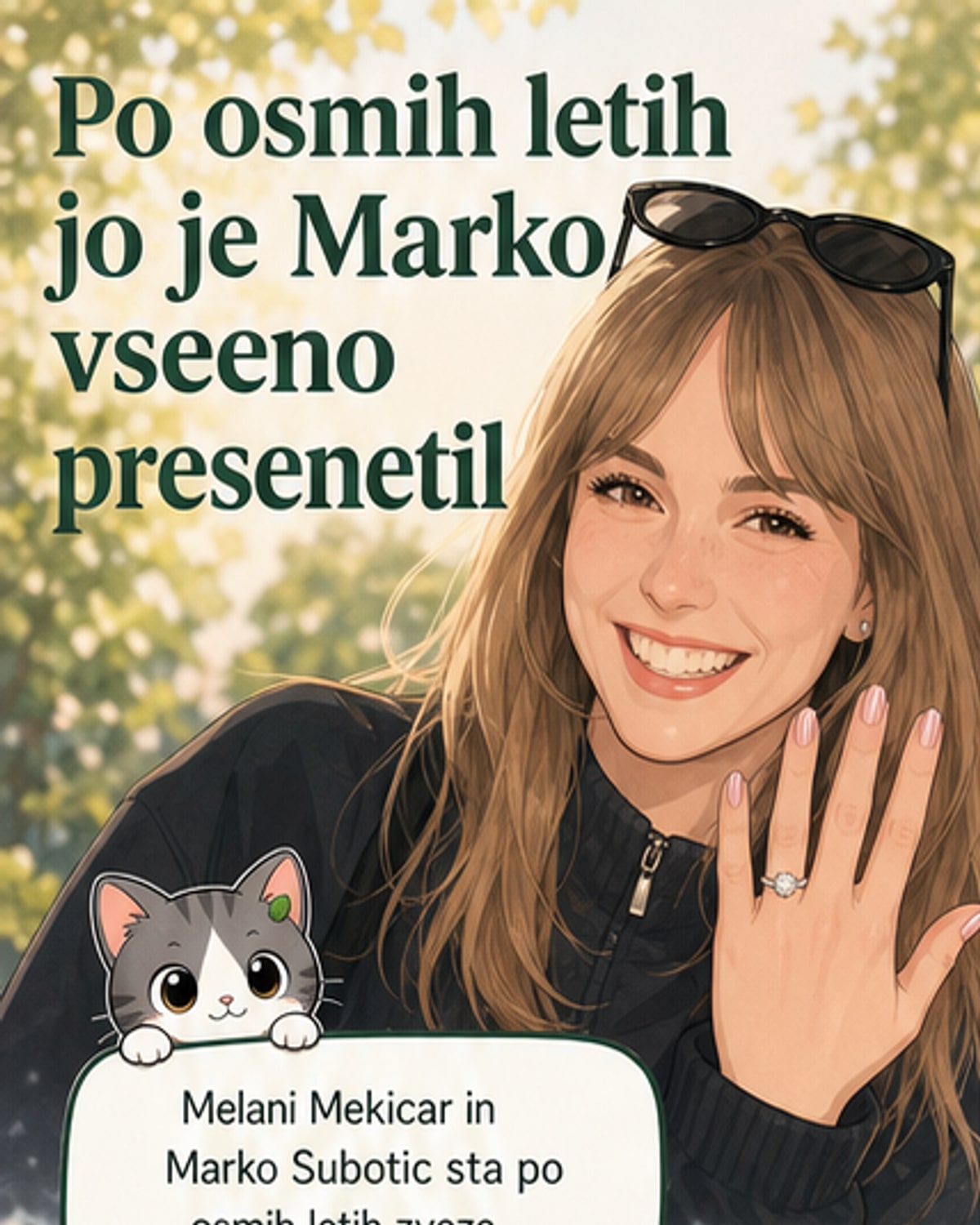 Melani Mekicar z nasmehom na obrazu, z roko brez prstana, v ozadju mesta in avtomatske fotografije iz zaročnega trenutka v Köbenhavnu.