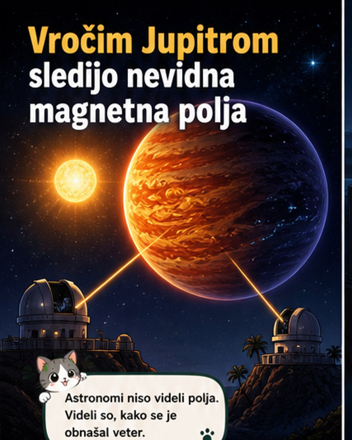 Ilustracija vročega Jupitra z močnim magnetnim poljem, ki se razteza v vesolje, medtem ko kroži blizu svoje zvezde.