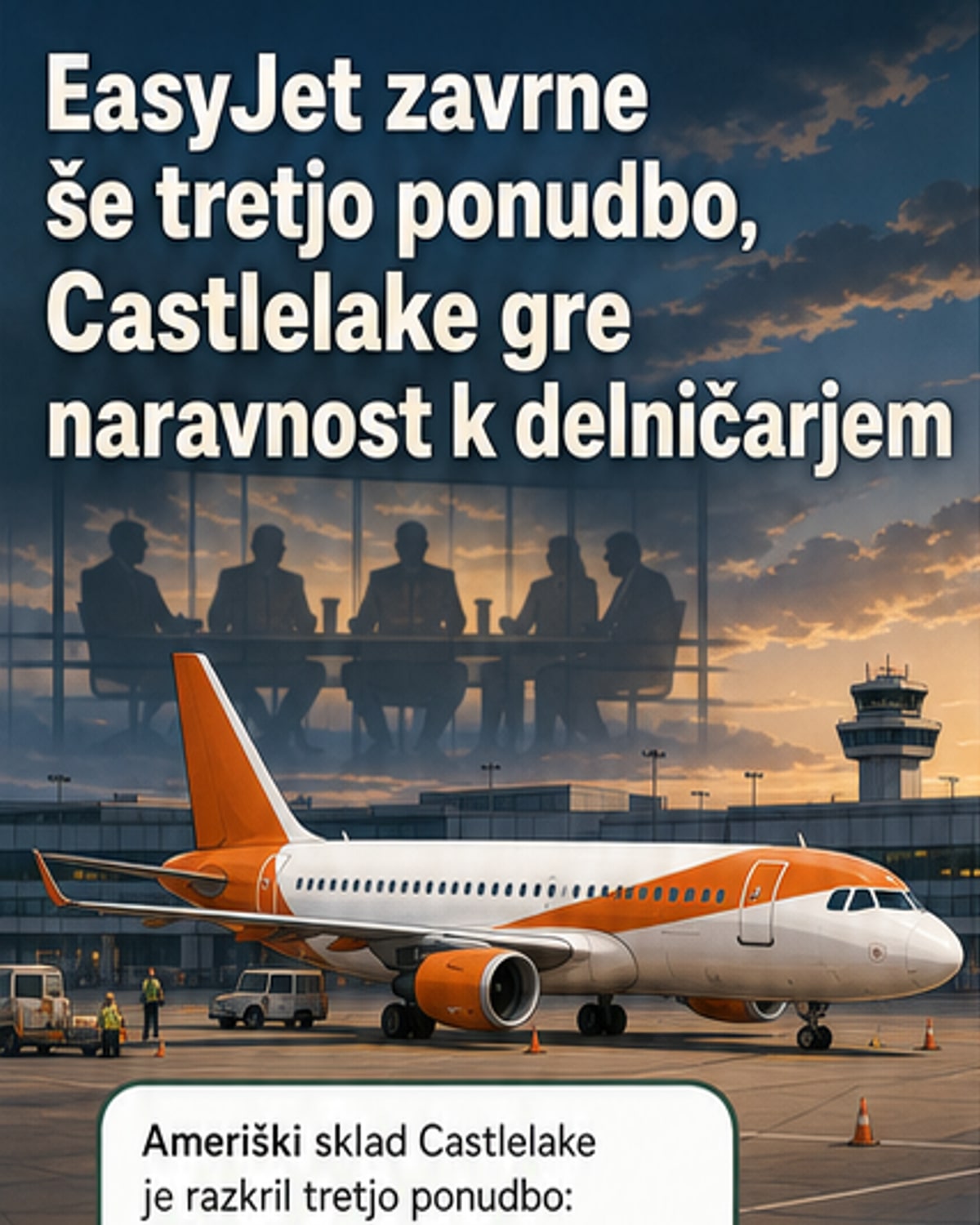 Ilustracija: ameriški investicijski sklad napoveduje ponudbo za prevzem letalske družbe Easyjet, medtem ko se delnice zrušijo zaradi geopolitičnih napetosti.