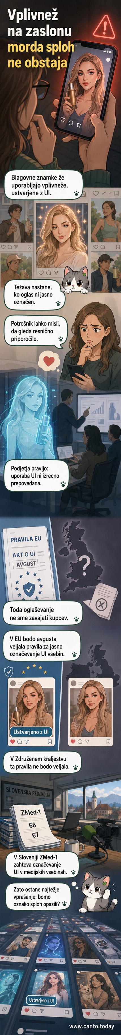Ilustracija virtualnega vplivneža pred zaslonom s socialnim omrežjem, ki kaže, kako umetna inteligenca vpliva na potrošniško odločanje brez jasne opozorilne oznake.