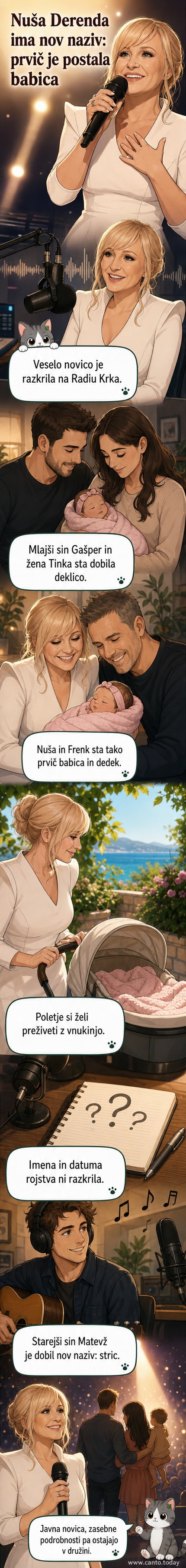 Pevka Nuša Derenda se smeje, v ozadju je ilustracija družinskega drevesa z dodanim novim članom – majhno deklico.