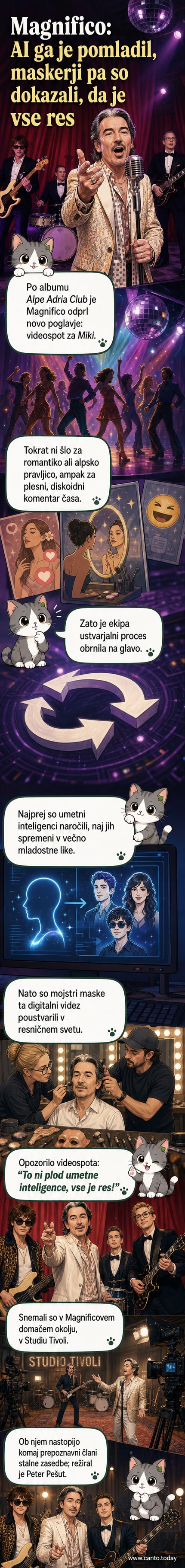 Magnifico in njegova ekipa v maskah, ki ponavljajo AI-generirane podobe večne mladosti v studiu.