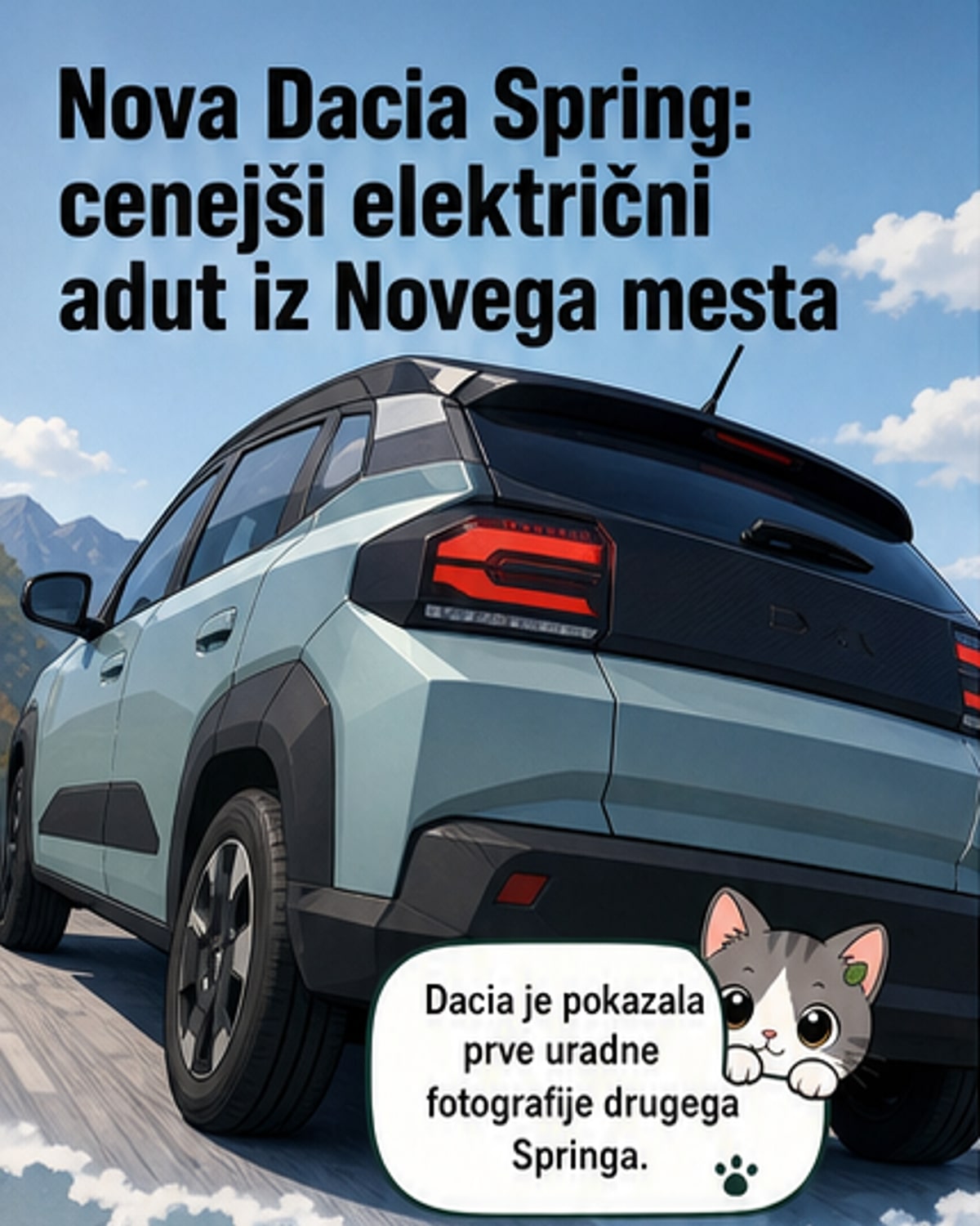 Uradna slika nove Dacie Spring, prikazana v beli barvi, z ostri robovi in sodobnim dizajnom, parkirana pred industrijsko tovarno.