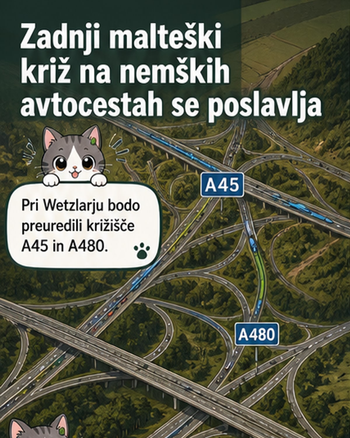 Zračni pogled na avtocestno križišče v obliki malteškega križa pri Wetzlarju, ki ga nadomešča sodobna šestpasovna povezava