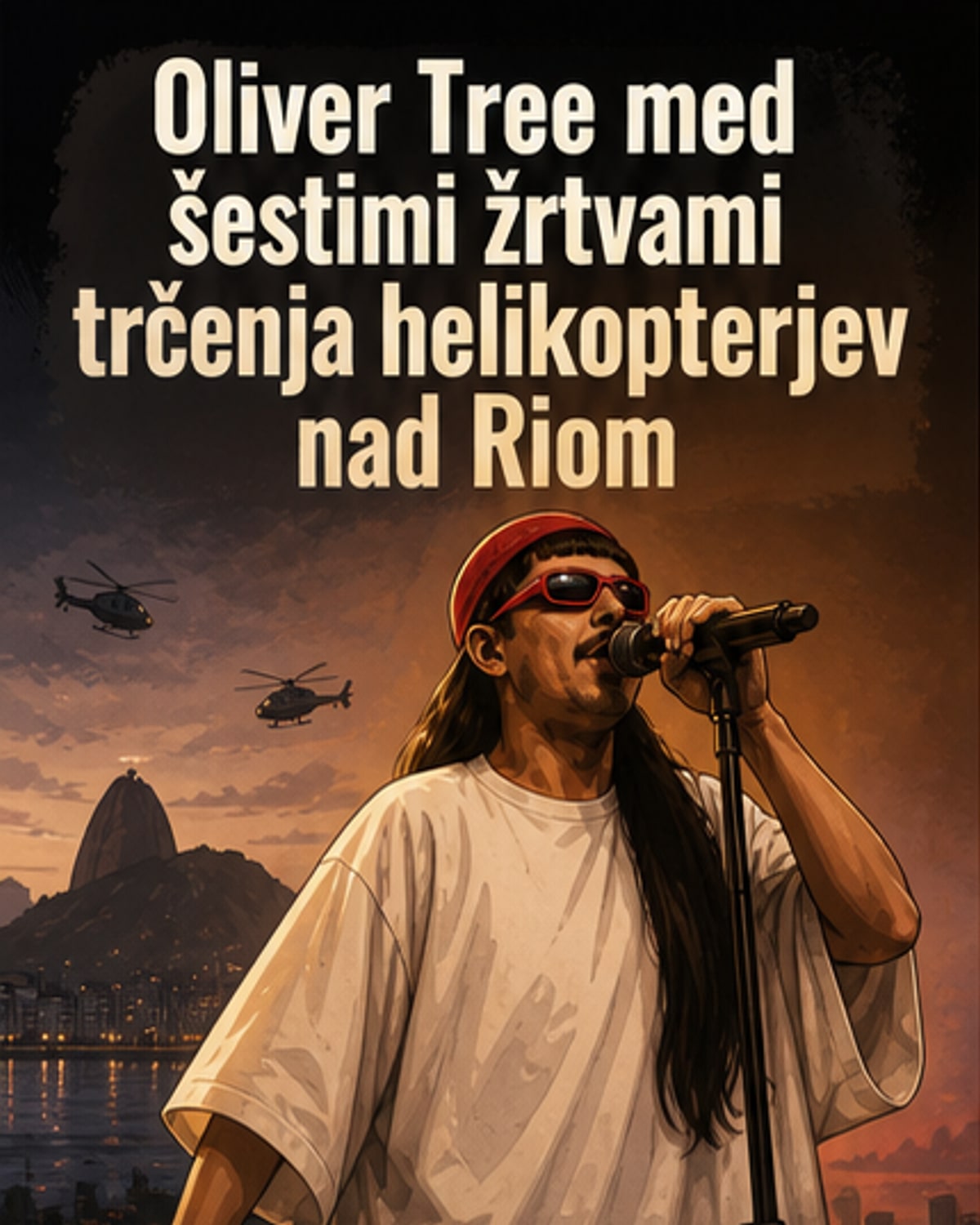 Ilustracija Oliverja Treeja v helikopterski nesreči nad Riom de Janeiru, s siluetami mesta v ozadju.