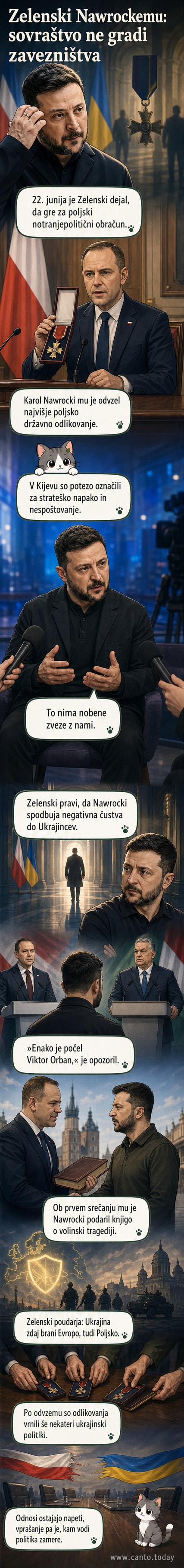 Ukrajinski predsednik Zelenski med intervjujem, v ozadju zastava Ukrajine, izraža razočaranje nad poljskim predsednikom Nawrockijem, ki mu je odvzel najvišje državno odlikovanje.