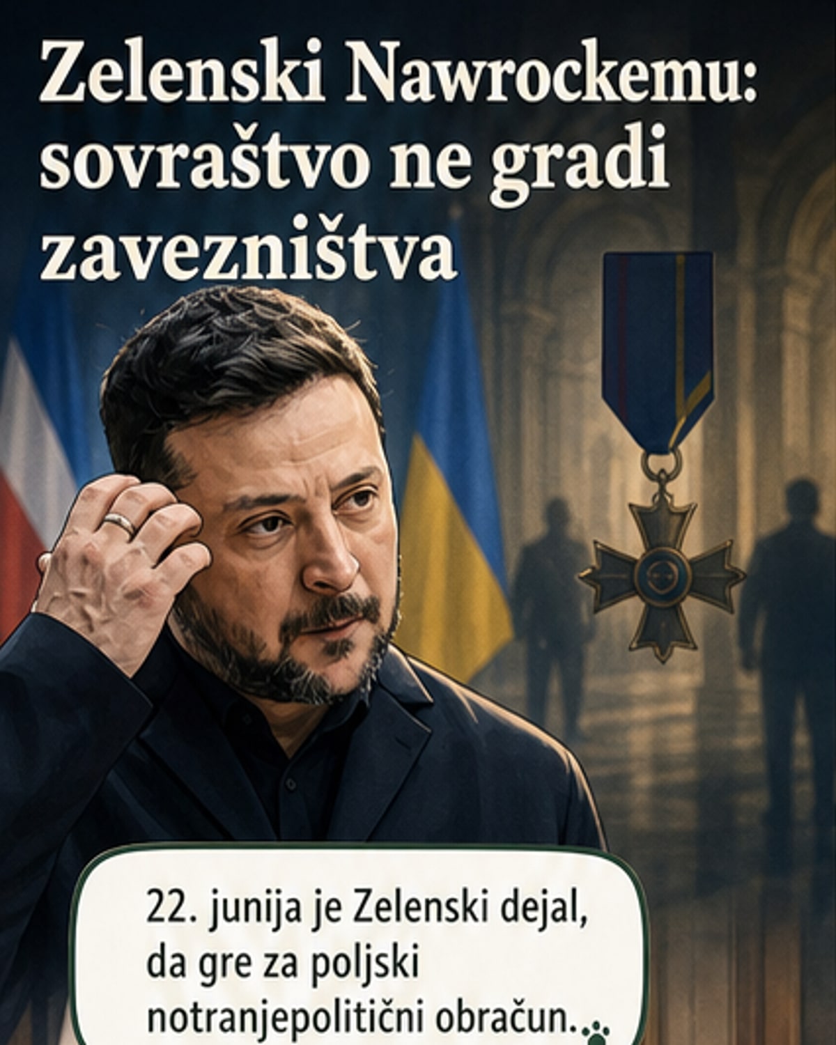 Ukrajinski predsednik Zelenski med intervjujem, v ozadju zastava Ukrajine, izraža razočaranje nad poljskim predsednikom Nawrockijem, ki mu je odvzel najvišje državno odlikovanje.