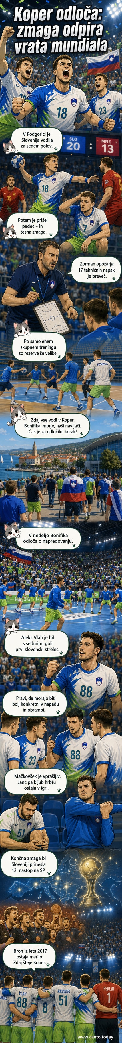 Rokometna tekma v dvorani Bonifika v Kopru, slovenski igralci v modrih dresih napadajo proti Črni Gori