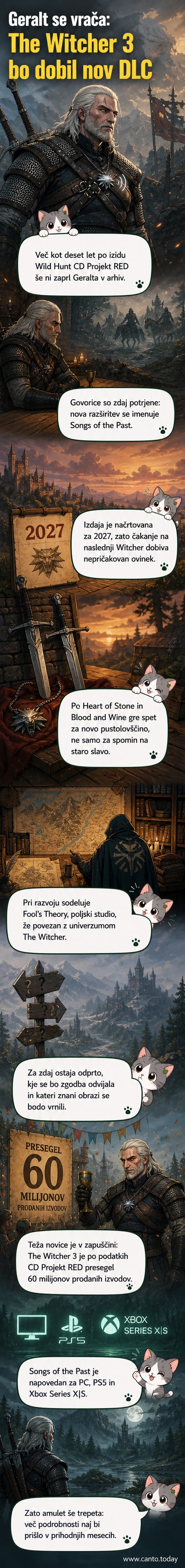 Geralt iz Rivije stoji v megli, z meči na boku, v ozadju svetlobni loki in starodavni simboli iz sveta The Witcher.