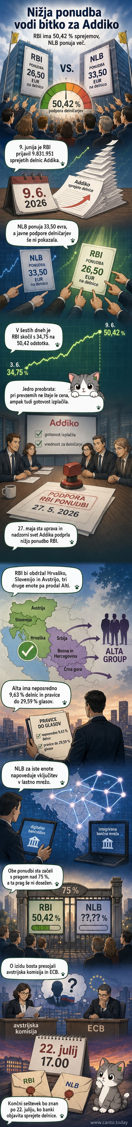 Dve banki v tekmovanju za prevzem Addika, grafikona z odstotki podpore in cenami ponudb.
