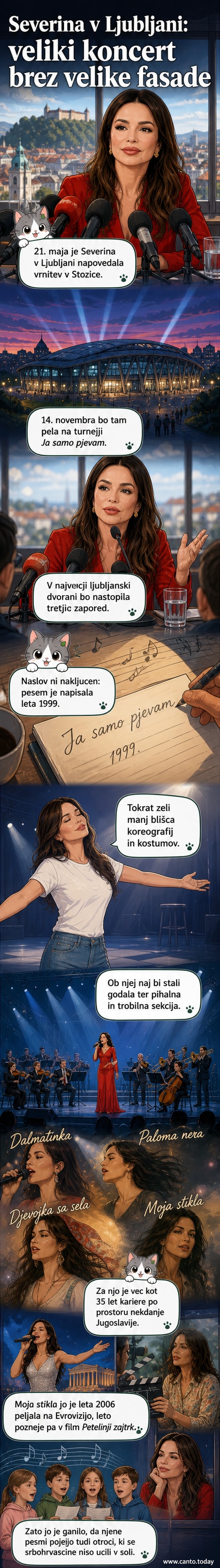 Hrvaška pevka Severina na novinarski konferenci v Ljubljani, ob dveh mikrofonih, v modri srajci in kavbojkah, v ozadju plakat z njenim imenom in datumom koncerta v Stožicah.
