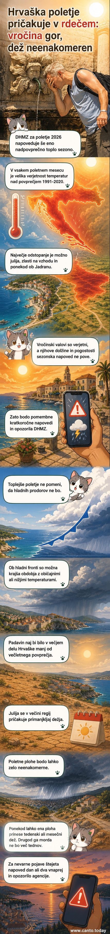Ilustracija vročega hrvaškega poletja z sončnim nebom, suho zemljo ob morju in termometrom, ki kaže visoke temperature.