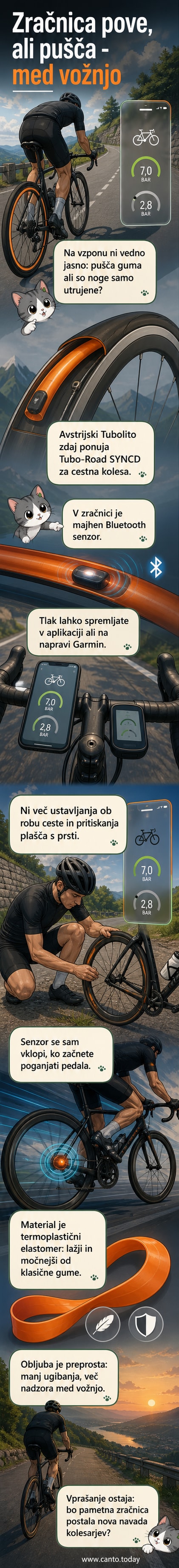 Prikaz pametne zračnice Tubo-Road SYNCD s senzorjem za spremljanje tlaka v pnevmatikah, ki se poveže z mobilno aplikacijo prek Bluetootha.