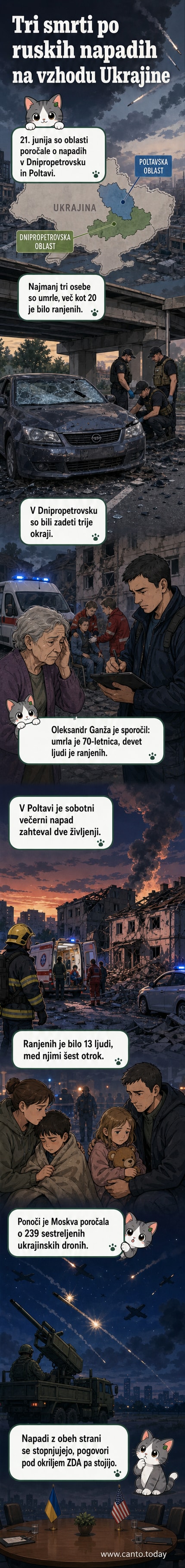 Ilustracija ruskih napadov na vzhodu Ukrajine z grafičnim prikazom območij Dnipropetrovska in Poltave ter ranjenimi in mrtvimi.