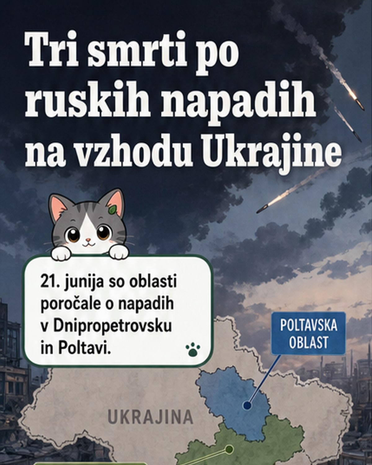 Ilustracija ruskih napadov na vzhodu Ukrajine z grafičnim prikazom območij Dnipropetrovska in Poltave ter ranjenimi in mrtvimi.