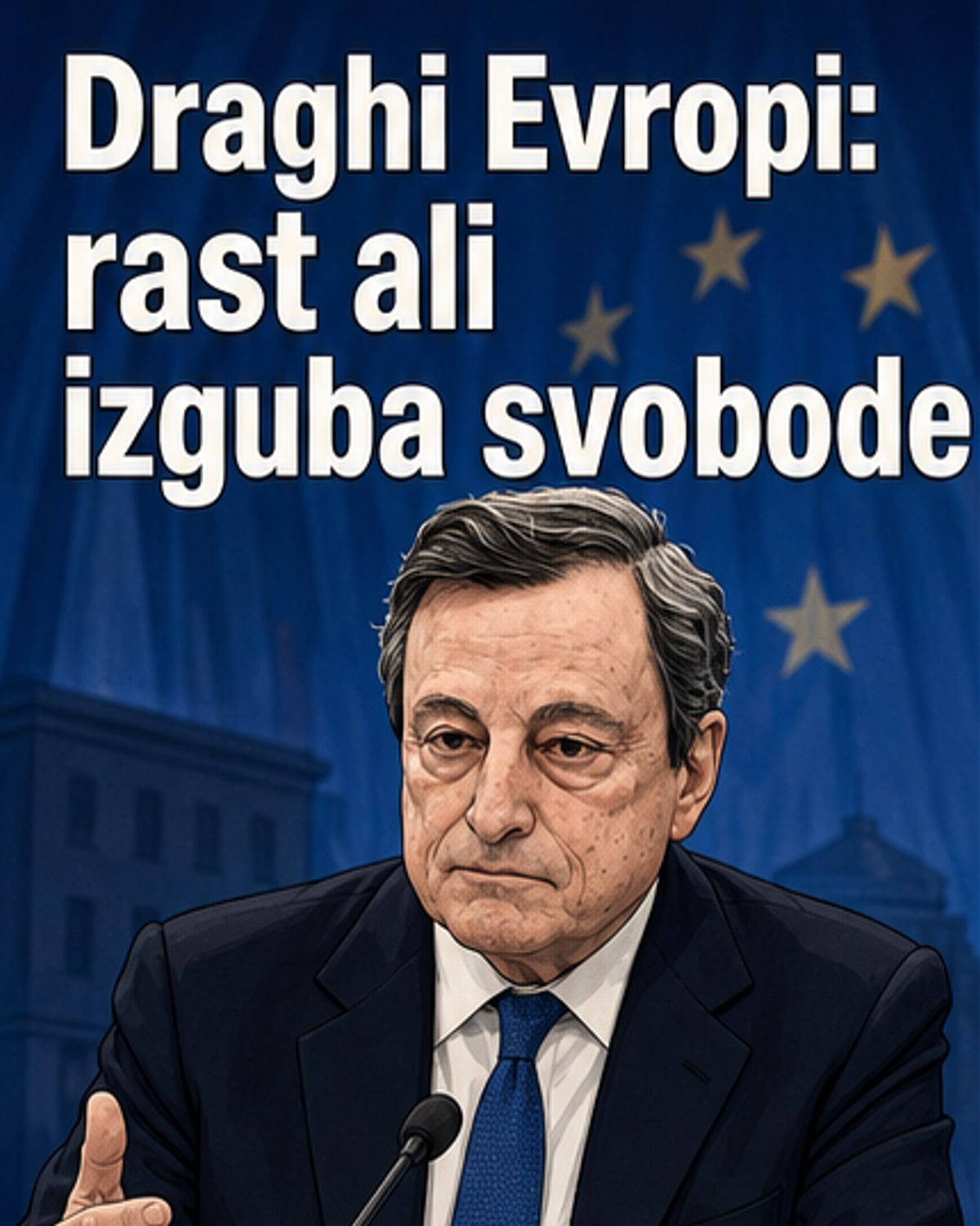 Ilustracija starejšega moškega v obleki, ki stoji pred zemljevidom Evrope, s prstom kaže proti grafu rasti, ki pada.