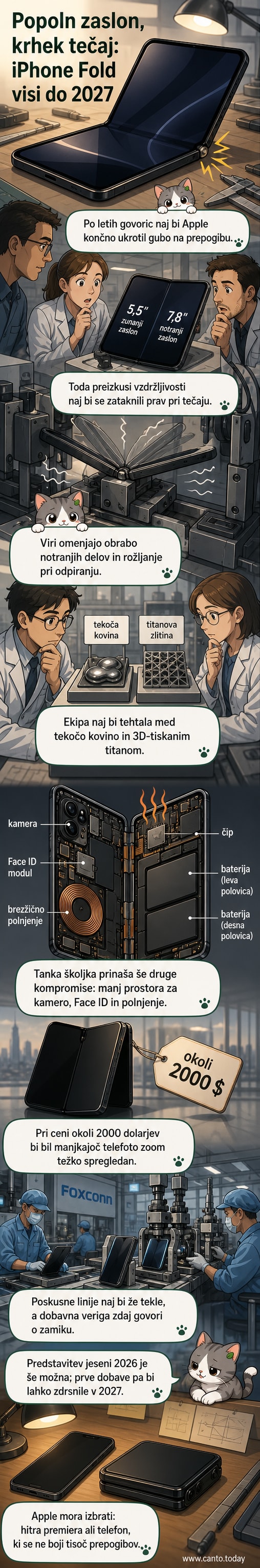 Ilustracija preklopnega iPhona z osupljivim zaslonom brez gube, a s počasnim, škripljivim tečajem, ki se počasi pokvari ob zapiranjem.