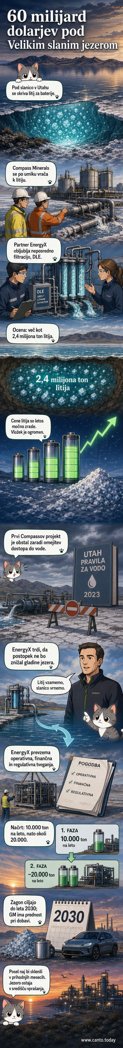 Ilustracija postopka pridobivanja litija iz slanice Velikega slanega jezera v Utahu z uporabo tehnologije DLE brez izčrpanja vode.