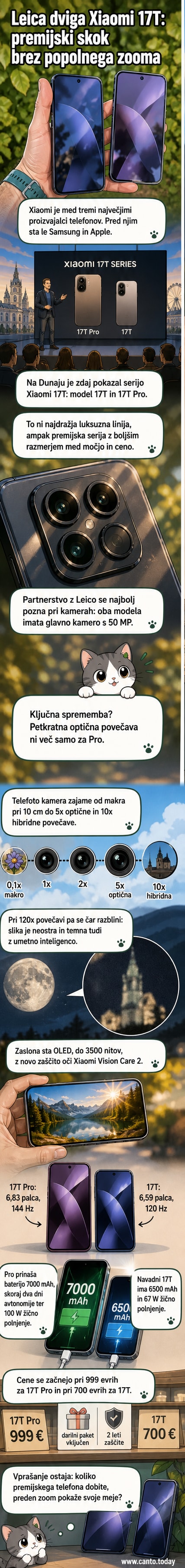 Prikaz dveh novih modelov Xiaomija 17T Pro (modri) in 17T (vijolični) z osnovnimi funkcijami: kamera, baterija, zaslon in dizajn.