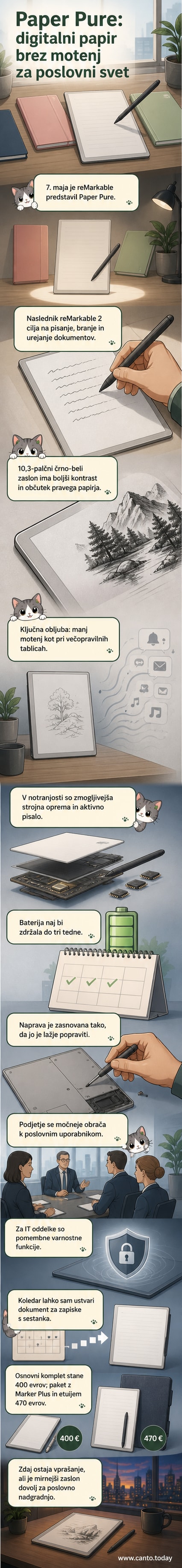 10,3-palčna e-papir tablica reMarkable Paper Pure s svinčnikom na beli podlagi, zaslon prikazuje ročno napisan tekst