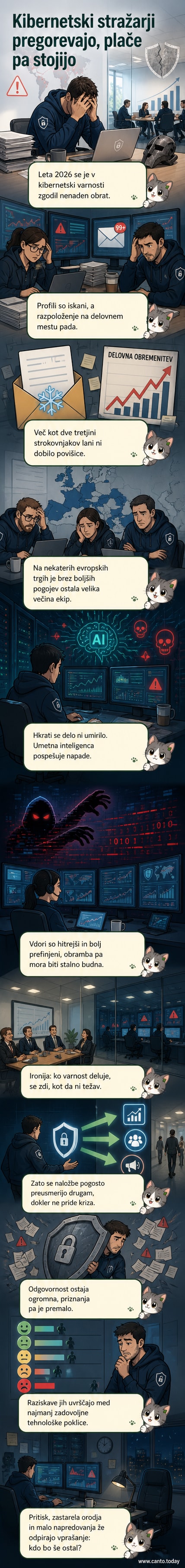Ilustracija: utrujen IT varnostnik sedi pred več monitorji, na katerih se prikazujejo opozorila o napadih, v ozadju pa je prazna soba z zastarelo opremo.