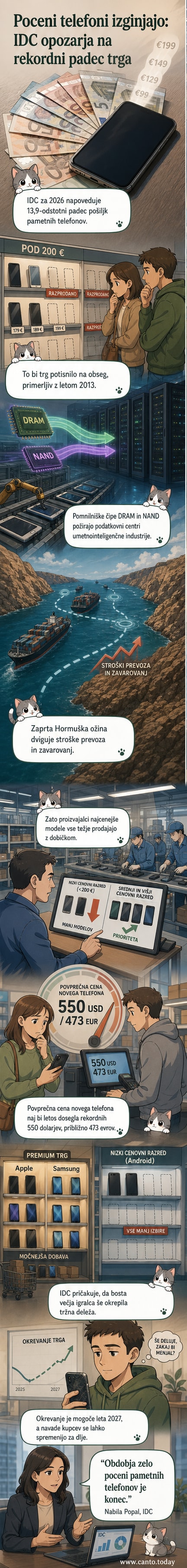 Ilustracija pametnega telefona z naraščajočo ceno in zmanjšano ponudbo poceni modelov, na ozadju čipi in geopolitične napetosti.