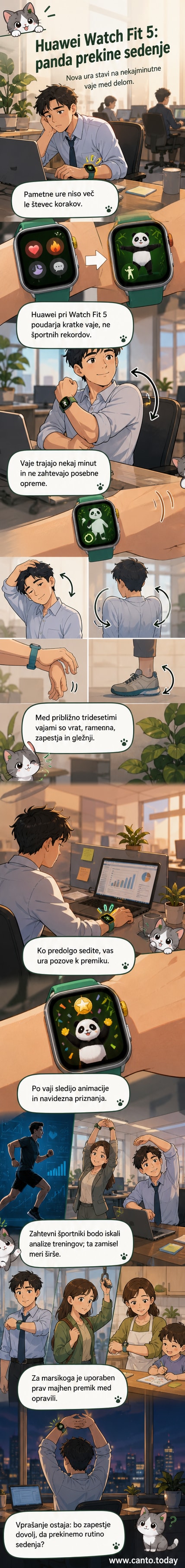 Animirana panda na zaslonu pametne ure poziva k raztezanju vratu med delovnim dnem.