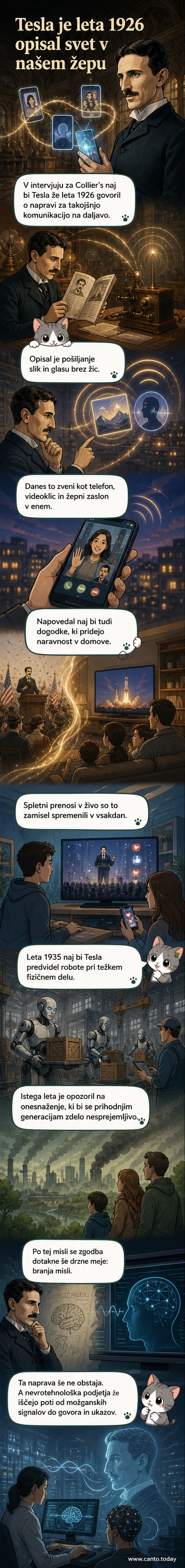 Ilustracija Nikole Tesle, ki stoji pred svetlečim zaslonom z vizijami prihodnosti: pametni telefoni, živi prenosi, roboti in nevrotehnologija.