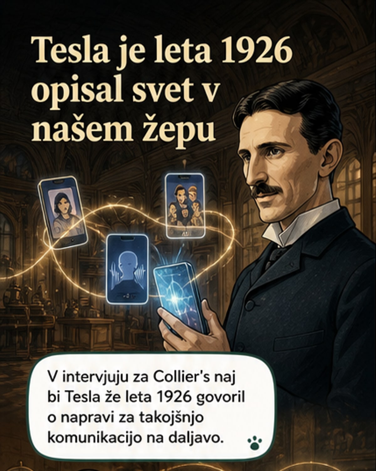Ilustracija Nikole Tesle, ki stoji pred svetlečim zaslonom z vizijami prihodnosti: pametni telefoni, živi prenosi, roboti in nevrotehnologija.