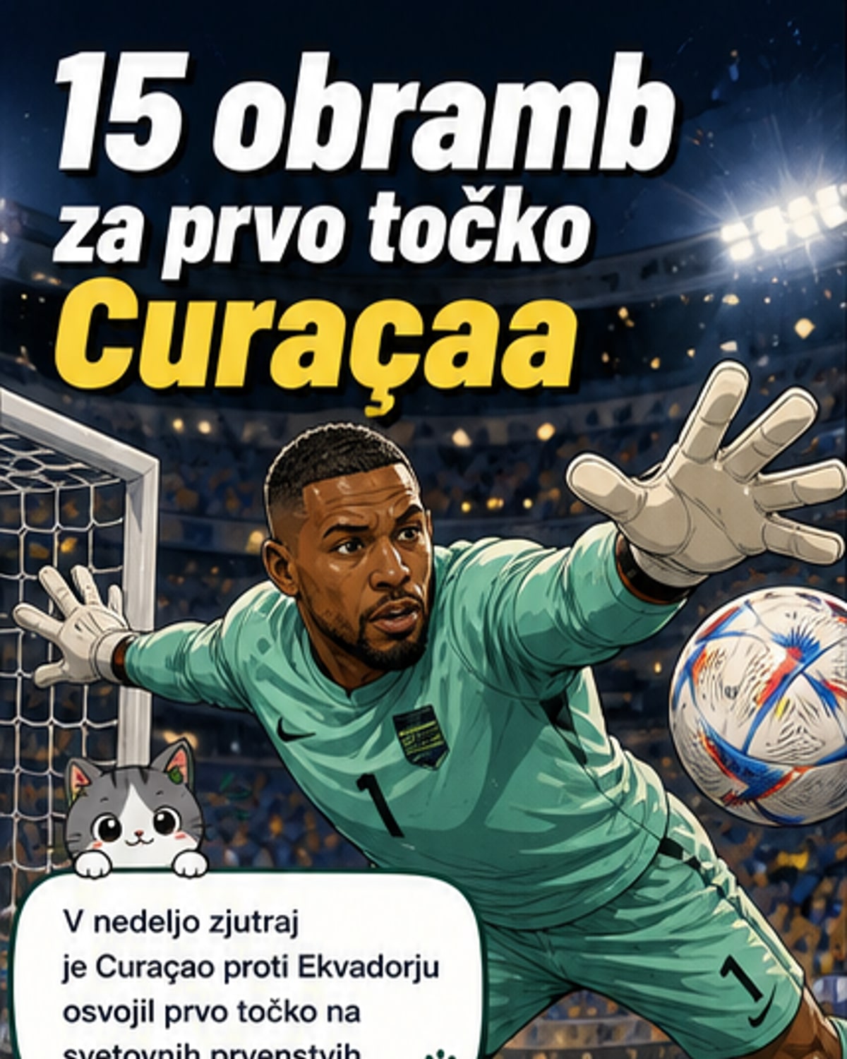 Nogometni vratar Eloy Room v akciji za vrata Curaçaa med tekmo proti Ekvadorju na Svetovnem prvenstvu, s tribunami v ozadju.