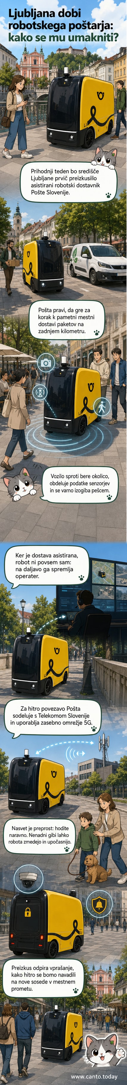 Robotsko vozilo Pošte Slovenije na testnem vožnji po mestnem središču Ljubljane, ob pešpoti, z zaslonom, ki prikazuje senzorsko detekcijo okolice.