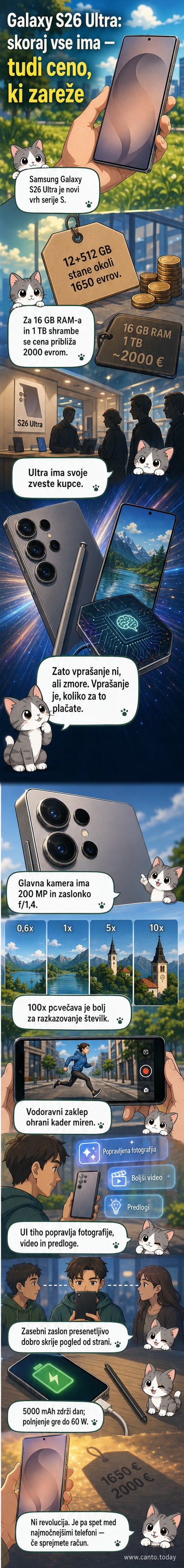 Samsung Galaxy S26 Ultra v srebrni izvedbi s poudarkom na velikem zaslonu, naprednem kamerjem modulu in funkciji zasebnega zaslona.