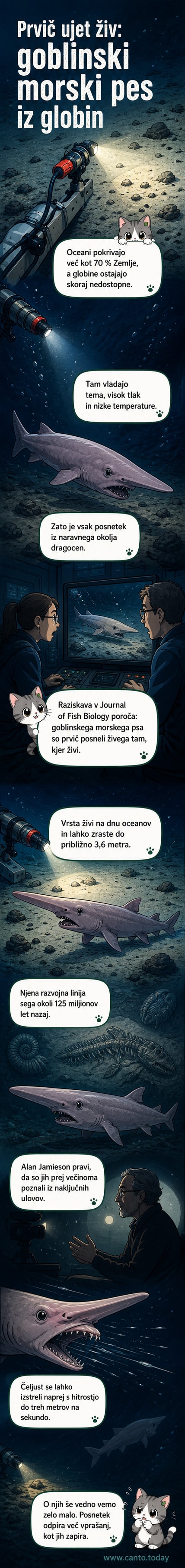 Ilustracija goblinskega morskega psa z iztegnjeno čeljustjo, ki plava v temnem globokomorskem okolju pod morsko gladino.