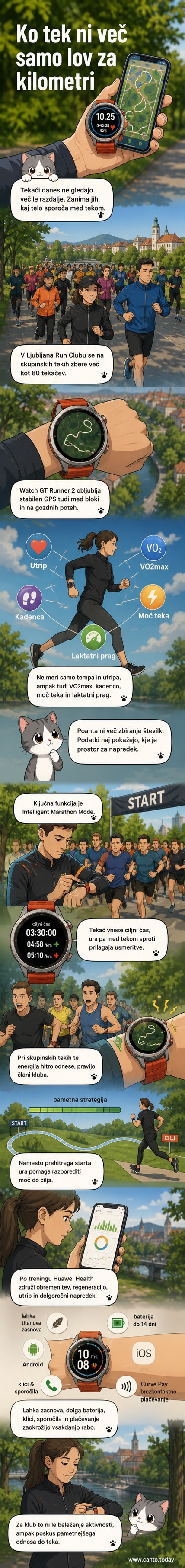 Pametna ura Huawei Watch GT Runner 2 na zapestju tekača med tekom skozi mestni park, z zaslonom, ki prikazuje podatke o tempu, ritmu in razdalji.
