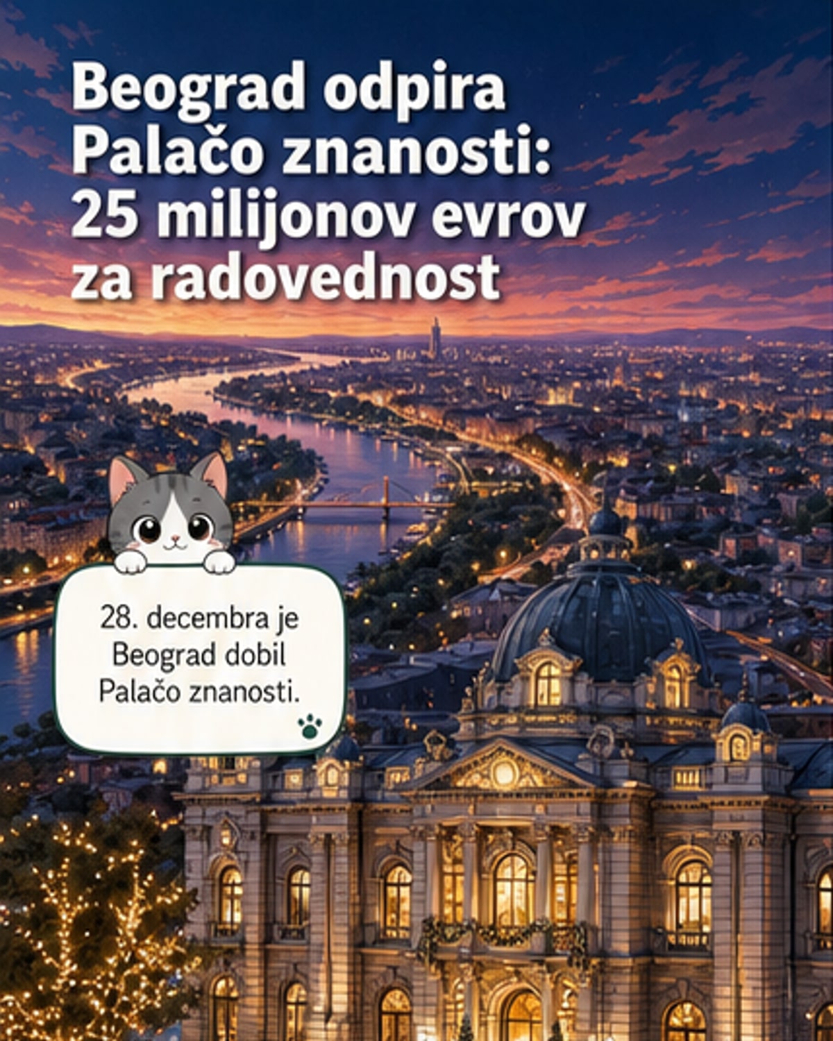Pogled na novo odprto Palačo znanosti v Beogradu – moderno stekleno strukturo v okviru stoletne stavbe s ploščadi, kjer se zbirajo obiskovalci okoli velikega interaktivnega globusa.