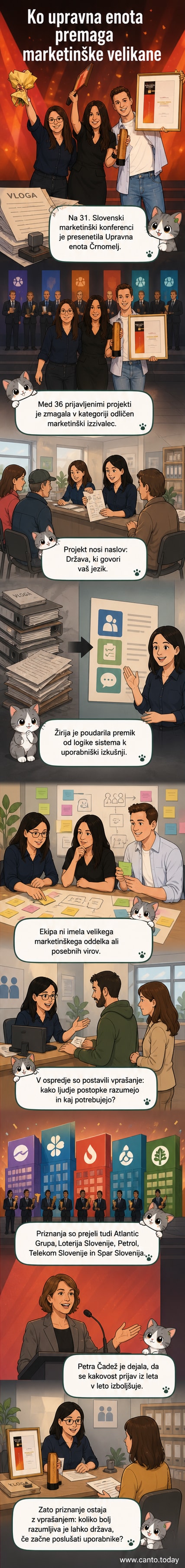Ilustracija uradniškega prostora z novimi, prijaznimi informacijskimi tablami in simboli, ki predstavljajo preprostejšo komunikacijo med državljani in upravo.