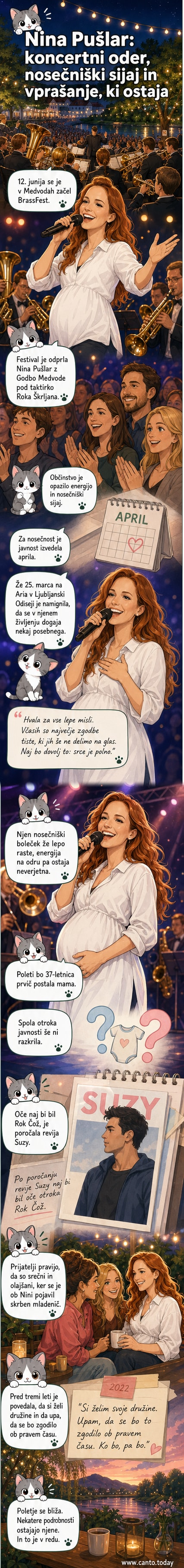 Nina Pušlar na odru med koncertom, z očitnim nosečim trebuščkom, obkrožena s svetlobo in glasbo.