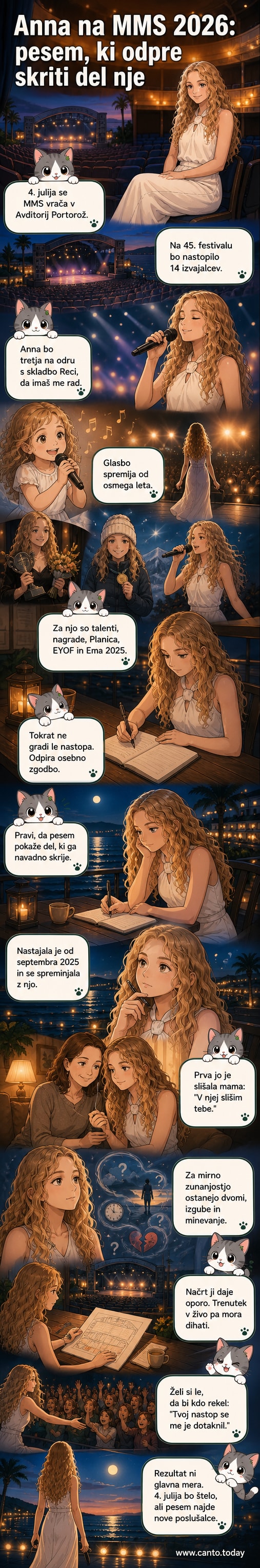 Pevka Anna v beli obleki stoji na odru ob morju, z roko na srcu, v ozadju se zrcalijo luči na vodi.