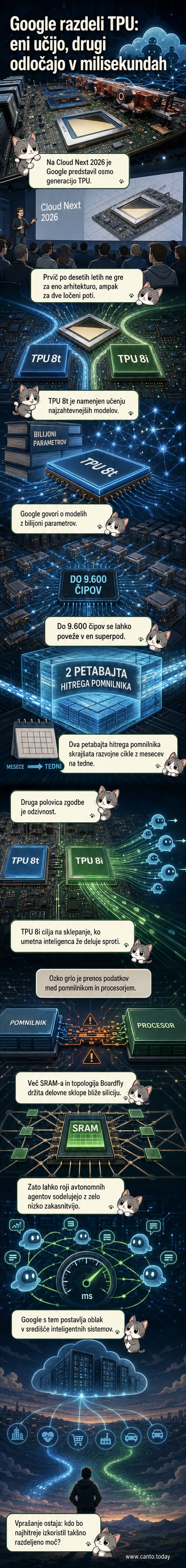 Ilustracija dveh ločenih TPU čipov Google, ki simbolizirata razdelitev na učenje in hitro odzivnost v umetni inteligenci.