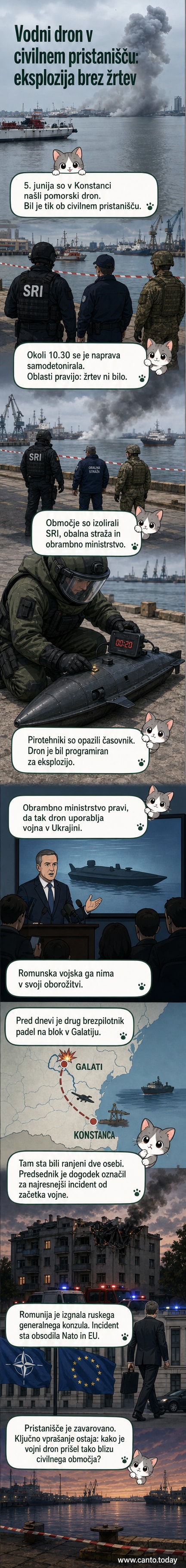 Pristanišče Konstanca po eksploziji pomorskega drona, okoli katerih se zbirajo vojaški in reševalni delavci.