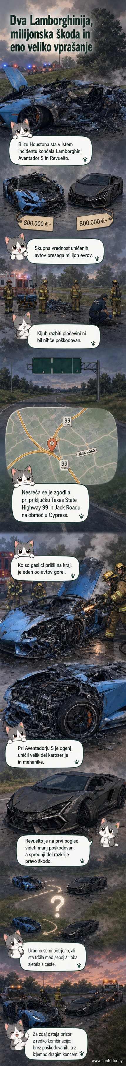 Dva močno poškodovana Lamborghinija po trčenju na križišču v Tesasu, eden izmed njih je izgorel do ogrodja.