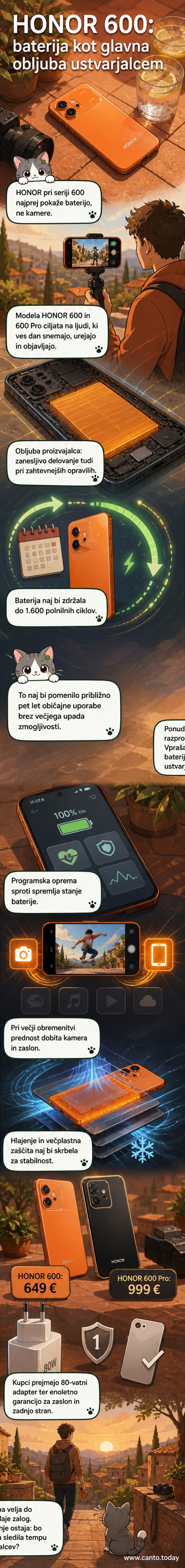 Pametni telefon HONOR 600 z velikim zaslonom in ikono baterije, ki prikazuje dolgo življenjsko dobo