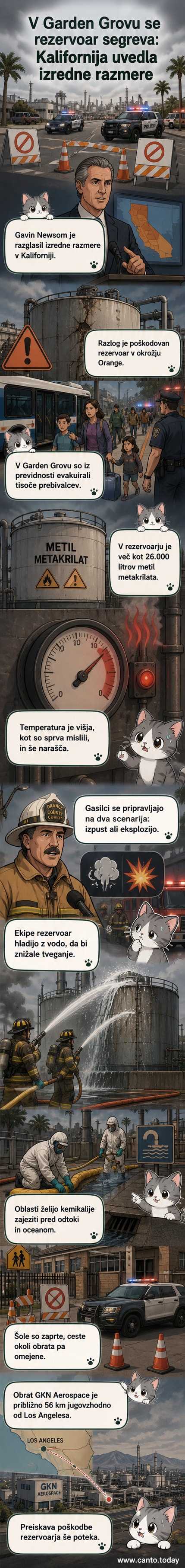 Ilustracija: Gasilci zalivajo velik industrijski rezervoar v Kaliforniji, v ozadju evakuacijske točke in opozorilne znake za nevarne kemikalije.