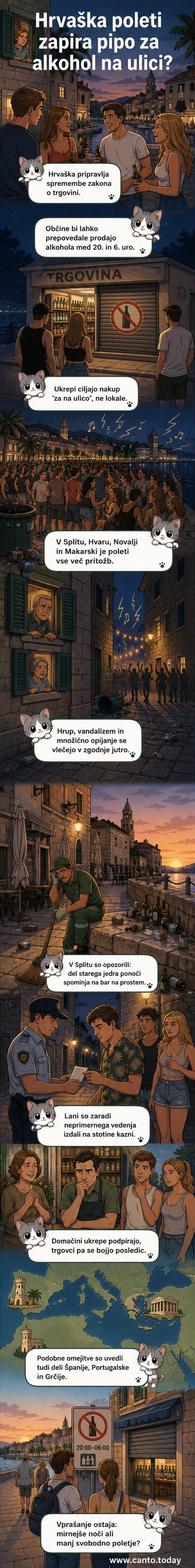 Ilustracija hrvaške obale ponoči z omejitvijo prodaje alkohola, turisti z zavijavki, policija v ozadju, mesto Split v ozadju