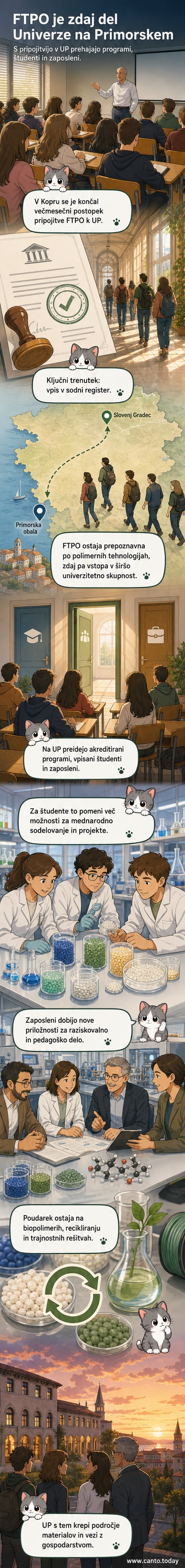 Ilustracija nove fakultete za tehnologijo polimerov kot del Univerze na Primorskem, z grafičnim prikazom povezav med raziskavami, študenti in gospodarstvom.