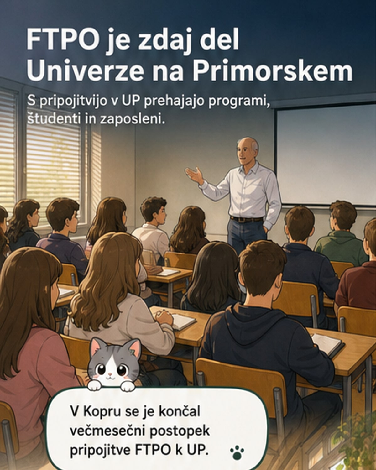 Ilustracija nove fakultete za tehnologijo polimerov kot del Univerze na Primorskem, z grafičnim prikazom povezav med raziskavami, študenti in gospodarstvom.