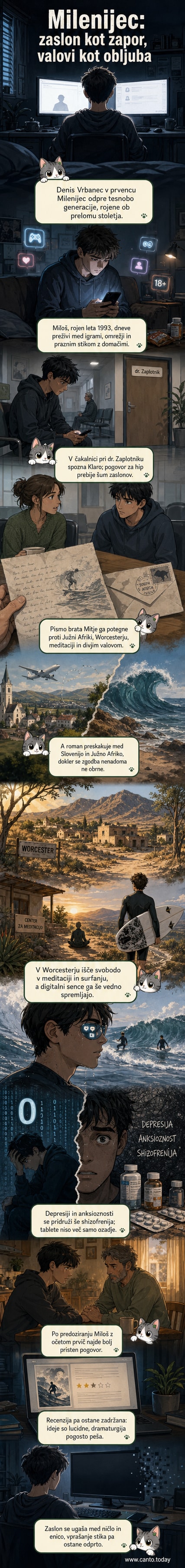 Ilustracija mladega moškega, ki stoji med dvema svetoma: na eni strani zasloni, družbena omrežja in urbani svet, na drugi strani pa valovi, deska in afriška vasica. V ozadju se pojavljajo simboli depresije in iskanja identitete.