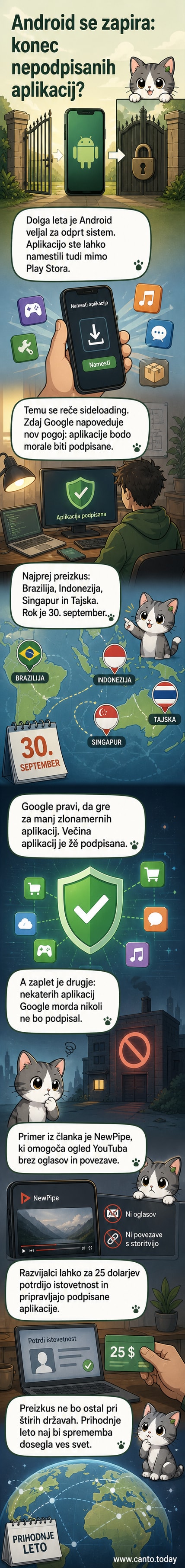 Ilustracija prikazuje zaklenjeno mobilno napravo z logotipom Android, ki poskuša namestiti aplikacijo, a sistem zavrača namestitev nepodpisane datoteke.