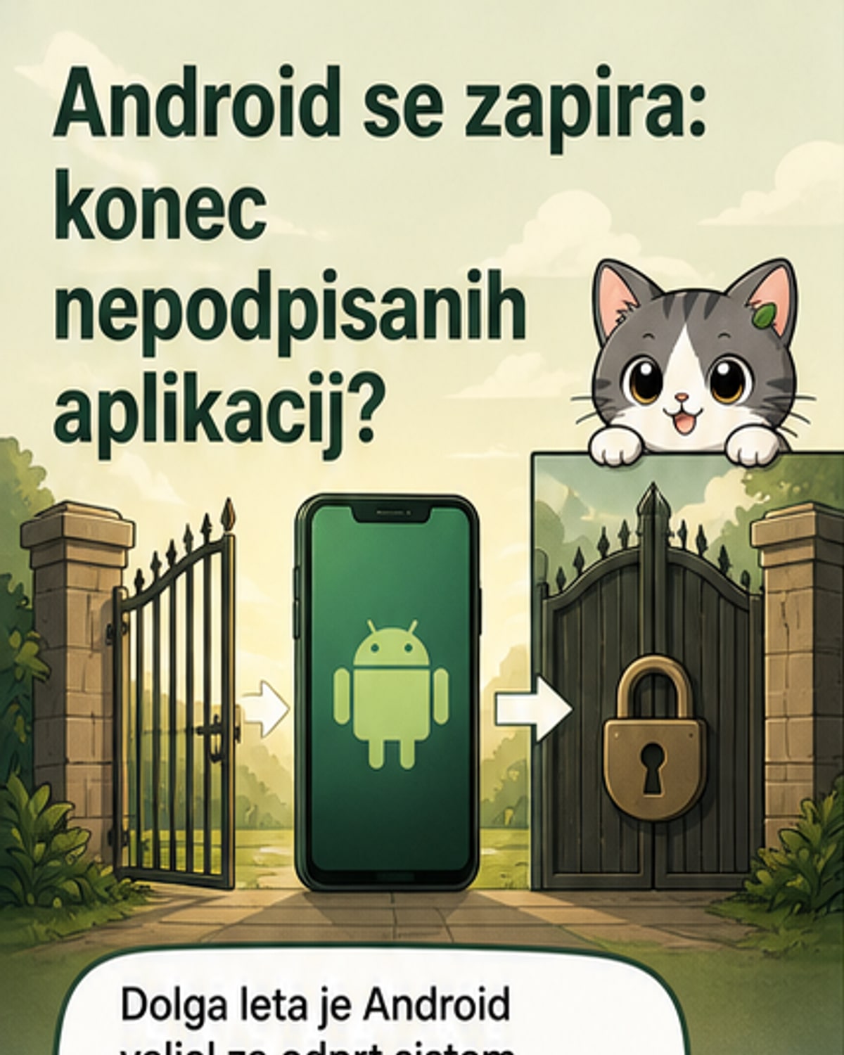Ilustracija prikazuje zaklenjeno mobilno napravo z logotipom Android, ki poskuša namestiti aplikacijo, a sistem zavrača namestitev nepodpisane datoteke.