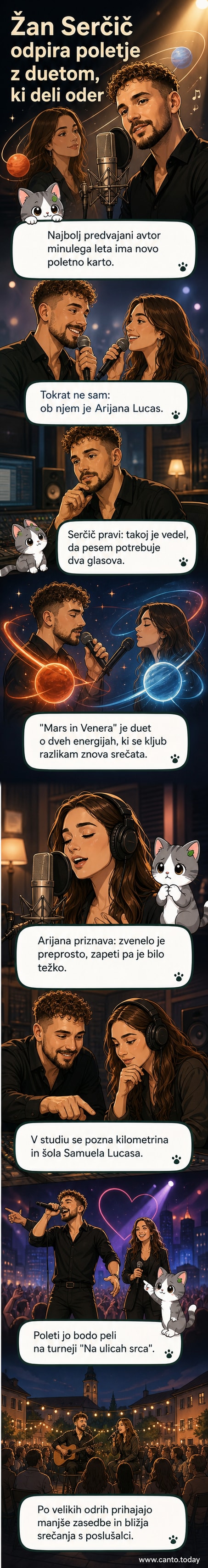Žan Serčič in Arijana Lucas pred mikrofonom v studiu, kako posnameta skladbo 'Mars in Venera'.